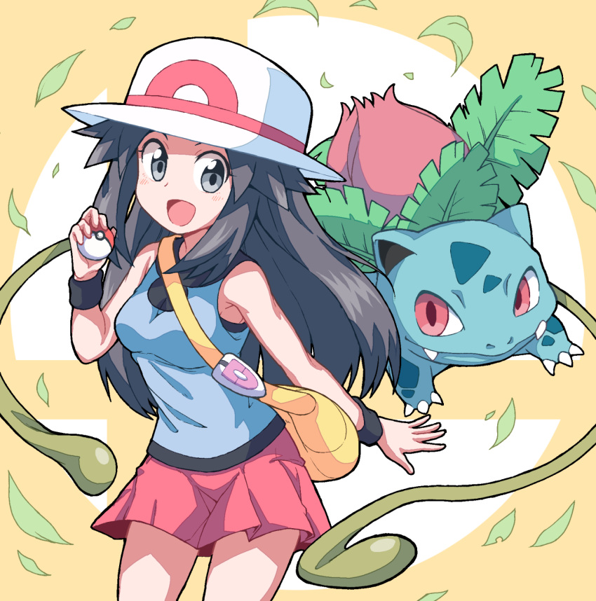 1girl :d bag bangs bare_arms bare_shoulders blue_(pokemon) blue_shirt breasts brown_hair commentary cowboy_shot fangs fangs_out grey_eyes hat highres holding holding_poke_ball ivysaur leaf long_hair looking_at_viewer medium_skirt nazonazo_(nazonazot) open_mouth orange_background pink_skirt poke_ball pokemon pokemon_(creature) pokemon_(game) pokemon_frlg shirt shoulder_bag sidelocks skirt sleeveless sleeveless_shirt small_breasts smile standing super_smash_bros. white_hat wristband