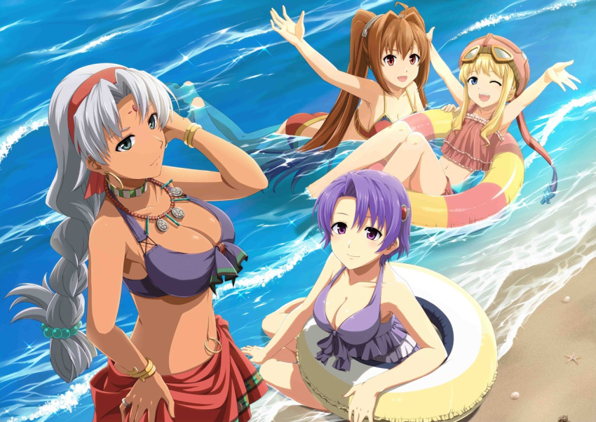 4girls asymmetrical_bangs bangs bare_shoulders beach bikini blonde_hair blue_eyes bracelet braided_ponytail breasts brown_hair clam_shell cleavage dark_skin earrings eiyuu_densetsu estelle_bright facial_mark forehead_mark frilled_bikini frilled_swimsuit frills goggles goggles_on_headwear hair_ornament hairband hand_in_hair hand_on_hip hat hoop_earrings innertube jewelry klose_rinz large_breasts long_hair looking_at_viewer medium_breasts midriff multiple_girls navel navel_piercing necklace ocean official_art one_eye_closed outstretched_arms parted_bangs partially_submerged piercing pinky_ring purple_hair red_eyes sarong scherazard_harvey short_hair silver_hair small_breasts smile sora_no_kiseki standing starfish swimsuit tita_russell twintails violet_eyes