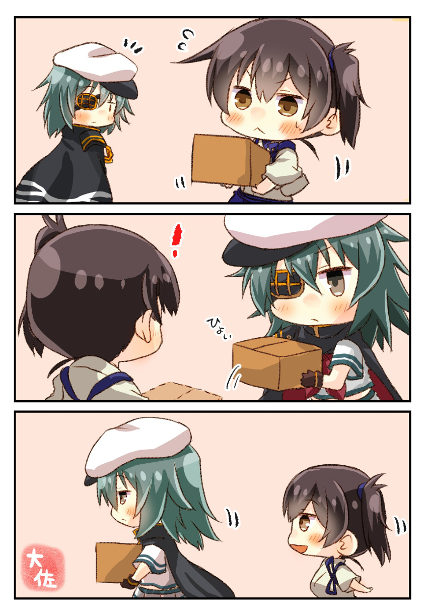 2girls 3koma :&lt; absurdres black_gloves black_hair box brown_eyes cape chibi comic eyepatch gloves green_eyes green_hair hakama_skirt hat highres japanese_clothes kaga_(kantai_collection) kantai_collection kiso_(kantai_collection) long_hair multiple_girls muneate neckerchief pauldrons red_neckwear sailor_hat school_uniform serafuku short_hair side_ponytail taisa_(kari) tasuki upper_body white_hat