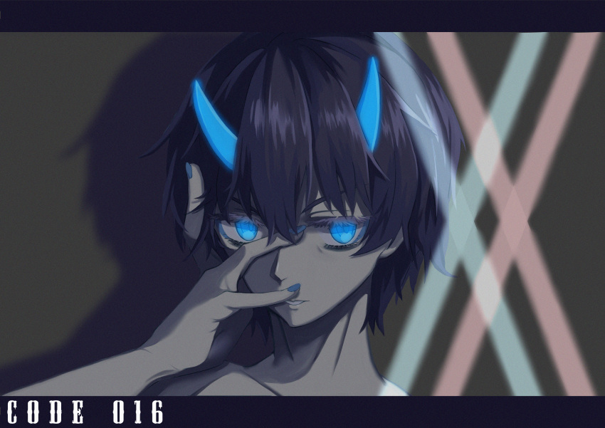 1boy absurdres asukawho bangs black_hair blue_eyes blue_horns blue_nails character_name commentary_request darling_in_the_franxx hand_on_own_face highres hiro_(darling_in_the_franxx) horns letterboxed looking_at_viewer male_focus nail_polish oni_horns short_hair solo
