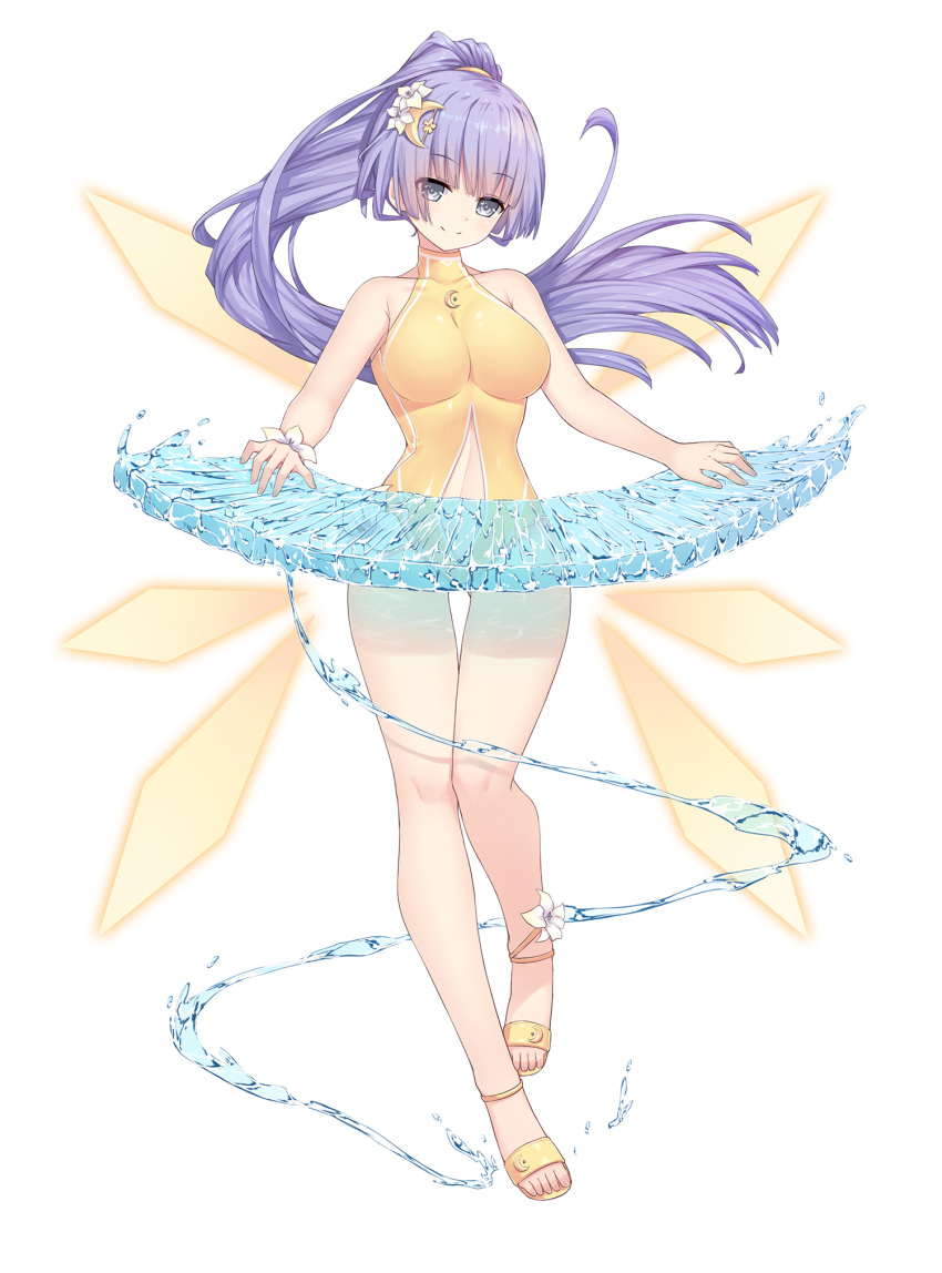 1girl bare_legs bare_shoulders breasts commentary commentary_request crescent crescent_hair_ornament date_a_live flower full_body hair_flower hair_ornament highres instrument izayoi_miku keyboard_(instrument) lavender_eyes lavender_hair long_hair looking_at_viewer medium_breasts midriff music navel navel_cutout neps-l one-piece_swimsuit playing_instrument ponytail purple_hair sandals simple_background smile solo swimsuit thigh_gap very_long_hair violet_eyes water white_background yellow_swimsuit