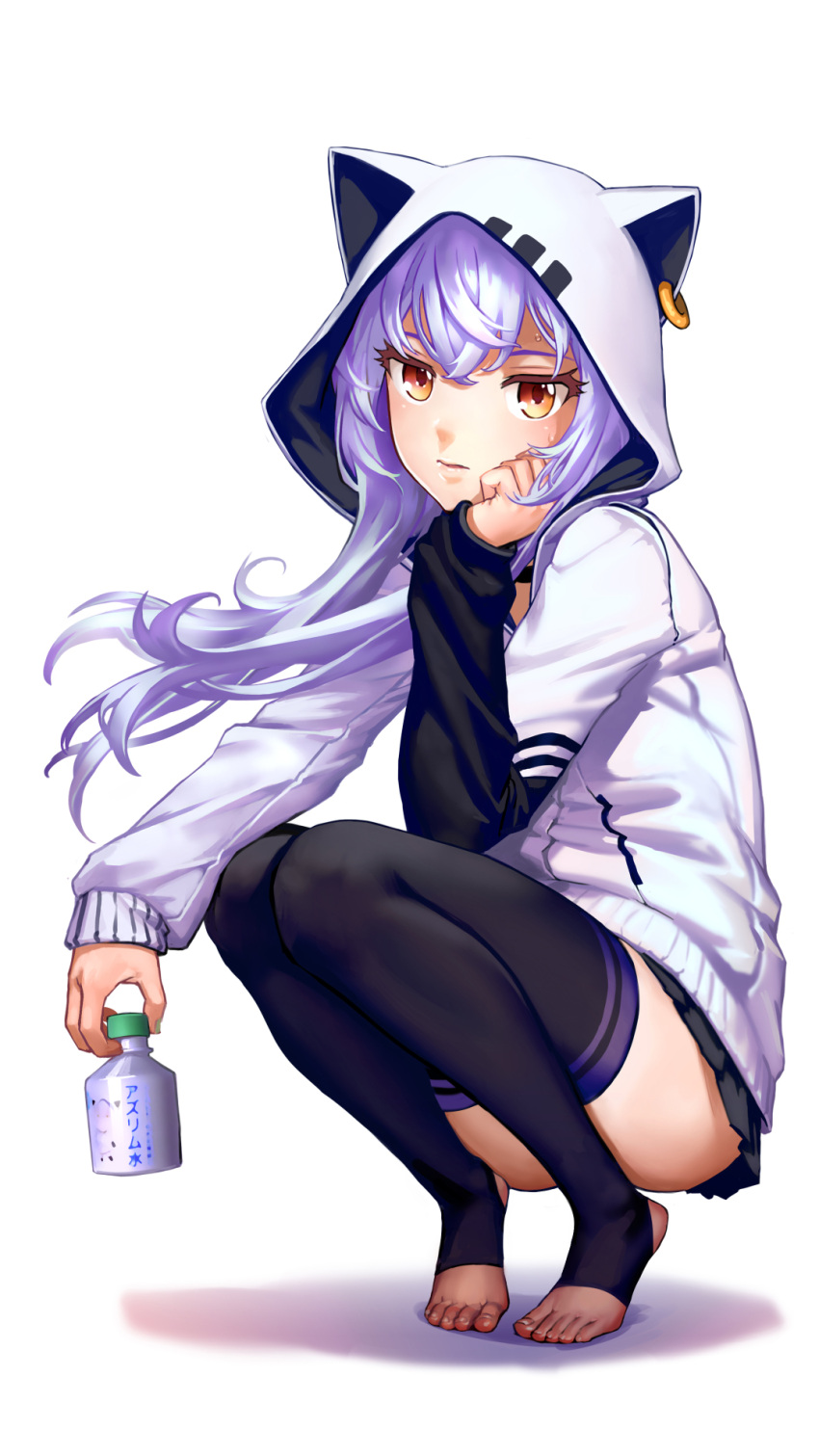 1girl animal_hood as109 ass azuma_lim azuma_lim_channel black_legwear bottle brown_eyes cat_hood closed_eyes expressionless highres hood hood_up hoodie long_hair long_sleeves looking_at_viewer no_shoes pleated_skirt purple_hair skirt solo squatting thigh-highs virtual_youtuber white_background wind