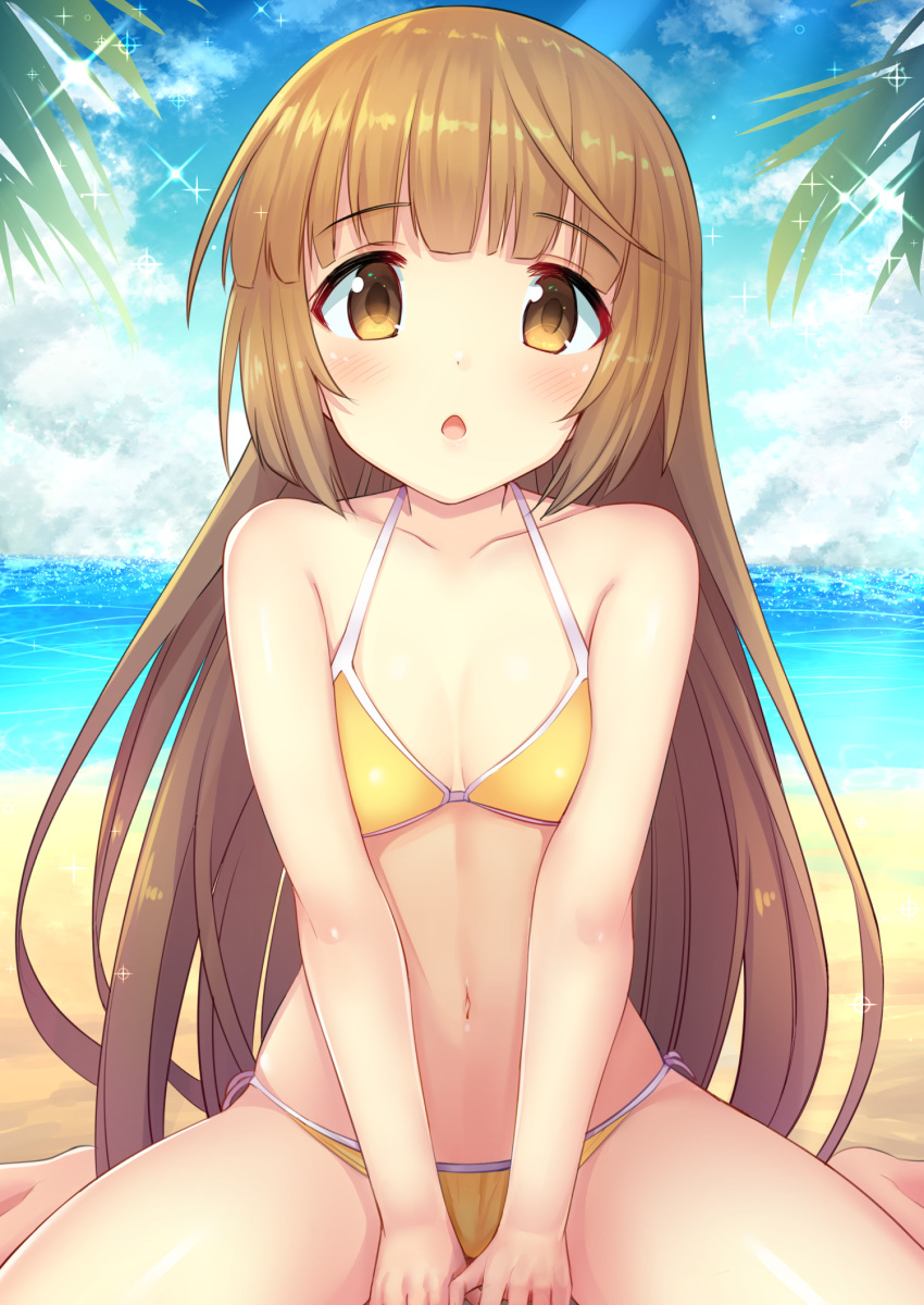 1girl :o bangs bare_arms bare_legs bare_shoulders barefoot beach between_legs bikini blue_sky blunt_bangs blush breasts brown_eyes brown_hair cleavage clouds cloudy_sky collarbone commentary_request day eyebrows_visible_through_hair hand_between_legs highres horizon idolmaster idolmaster_cinderella_girls long_hair looking_at_viewer navel ocean outdoors parted_lips revision sand side-tie_bikini sitting sky small_breasts solo sparkle swimsuit u_rin v_arms very_long_hair wariza water yellow_bikini yorita_yoshino