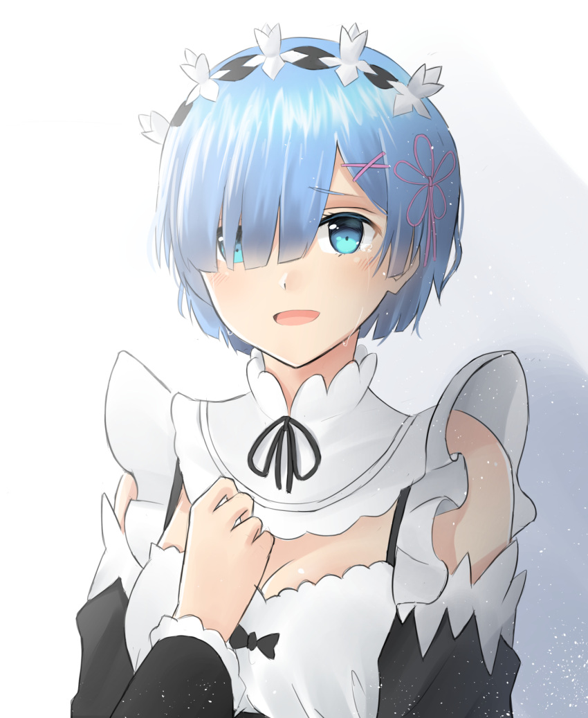 1girl :d bangs black_bow black_ribbon blue_eyes blue_hair bow breasts choker cleavage detached_sleeves hair_over_one_eye hair_ribbon head_wreath highres large_breasts looking_at_viewer neck_ribbon open_mouth pink_ribbon re:zero_kara_hajimeru_isekai_seikatsu rem_(re:zero) ribbon shadow short_hair simple_background sketch smile solo tears ucukrtz upper_body white_background