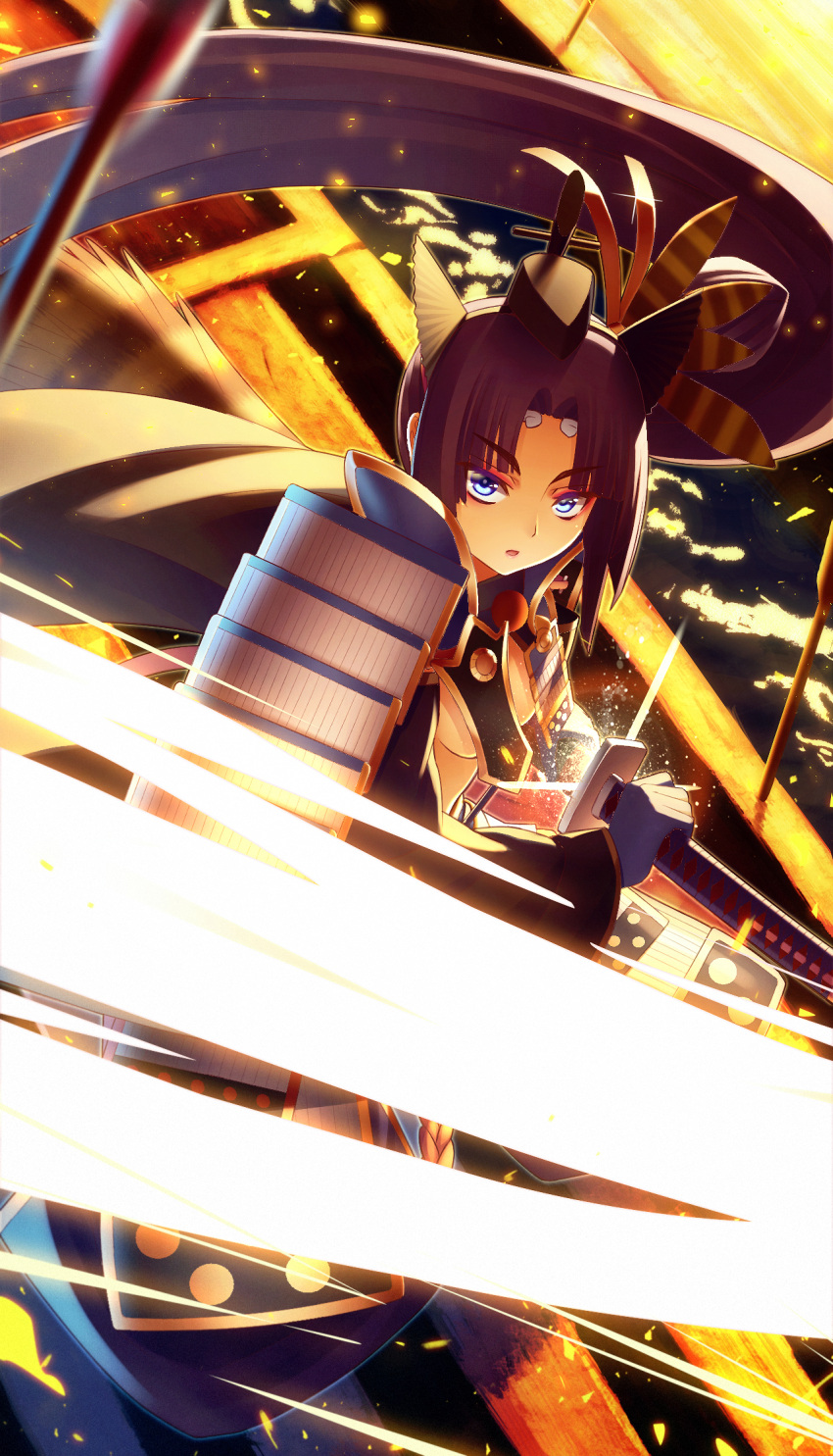 1girl armor arrow bangs battoujutsu_stance black_hair black_hat blue_eyes blue_gloves breasts eyebrows_visible_through_hair eyeliner fate/grand_order fate_(series) fighting_stance floating_hair from_above gloves glowing glowing_sword glowing_weapon hair_ornament hat high_collar highres japanese_armor kaina_(tsubasakuronikuru) katana kusazuri light_trail long_hair long_sleeves looking_at_viewer makeup motion_blur outdoors parted_bangs parted_lips planted_arrow scabbard sheath shoulder_armor side_ponytail small_breasts sode solo sparks standing sword tsurime under_boob unsheathing ushiwakamaru_(fate/grand_order) very_long_hair water weapon