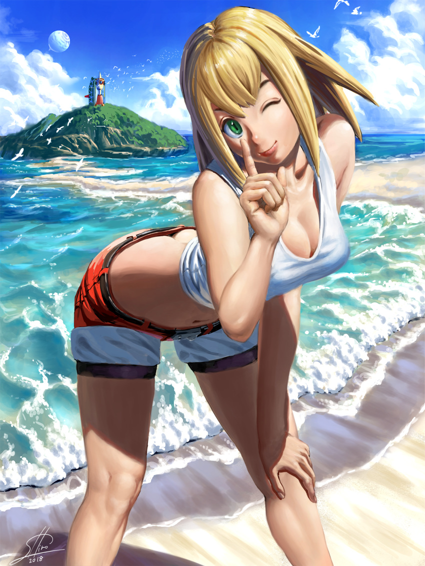 1girl 2018 ass bangs bare_arms bare_shoulders beach belt bent_over blonde_hair breasts butt_crack capcom cleavage clouds commentary_request dated downpants green_eyes hand_on_own_knee head_tilt highres index_finger_raised leaning_forward long_hair medium_breasts ocean one_eye_closed rockman rockman_dash roll_caskett sakuraba_hiro sand short_shorts shorts signature sky smile solo standing summer water