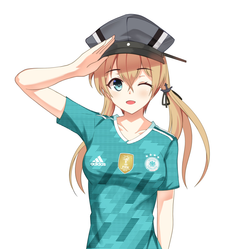 1girl 2018_fifa_world_cup absurdres adidas alternate_costume blonde_hair breasts clothes_writing collarbone eyebrows_visible_through_hair german germany green_eyes hat highres kantai_collection looking_at_viewer military_hat one_eye_closed peaked_cap prinz_eugen_(kantai_collection) salute soccer soccer_uniform solo sportswear transparent_background twintails uniform world_cup