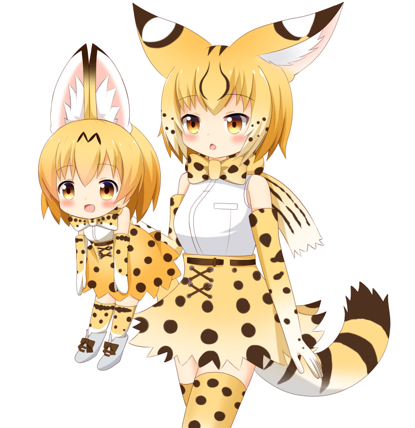 1girl :d absurdres animal_ears bangs blonde_hair blush boots bow bowtie breasts brown_eyes character_doll chestnut_mouth commentary_request cowboy_shot doll elbow_gloves extra_ears extra_serval_(kemono_friends) eyebrows_visible_through_hair gloves gradient_hair hair_between_eyes high-waist_skirt highres holding holding_doll kemono_friends multicolored_hair open_mouth print_gloves print_legwear print_neckwear print_skirt serval_(kemono_friends) serval_ears serval_print serval_tail shin01571 shirt simple_background skirt sleeveless sleeveless_shirt small_breasts smile solo striped_tail tail thigh-highs white_background white_footwear white_hair white_shirt