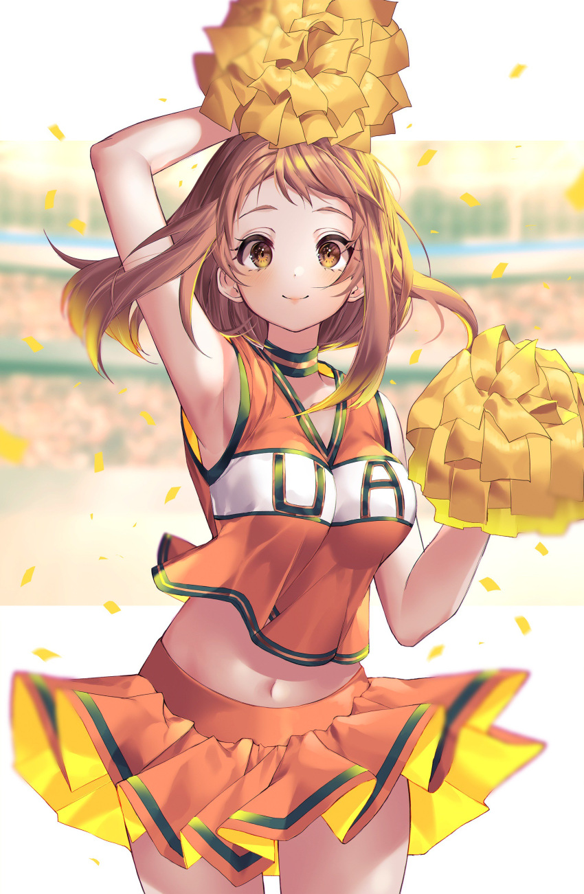 1girl absurdres arm_over_head arm_up armpits blurry blurry_background blush boku_no_hero_academia breasts brown_eyes brown_hair cheerleader choker clothes_writing commentary confetti crop_top facing_viewer highres kinty large_breasts long_hair looking_at_viewer midriff navel orange_shirt orange_skirt pleated_skirt pom_poms shirt skirt sleeveless sleeveless_shirt smile solo thighs uraraka_ochako