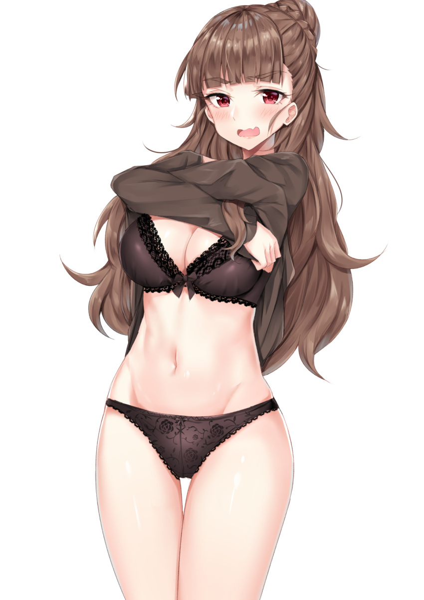 1girl bangs black_bra black_panties blunt_bangs blush bra braid breasts brown_hair brown_shirt cleavage closed_mouth coffeedog embarrassed fang floral_print french_braid hair_between_eyes hair_bun highres hips idolmaster idolmaster_cinderella_girls kamiya_nao large_breasts long_hair long_sleeves looking_at_viewer navel open_mouth panties red_eyes shirt shirt_lift simple_background smile solo stenciled_rose thick_eyebrows thighs underwear waist wavy_hair wavy_mouth white_background