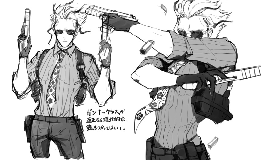 1boy akechi_mitsuhide_(fate/grand_order) dual_wielding fate/grand_order fate_(series) greyscale gun highres holding holster male_focus monochrome necktie patterned_clothing pinstripe_pattern shell_casing sketch skin_tight striped sunglasses weapon