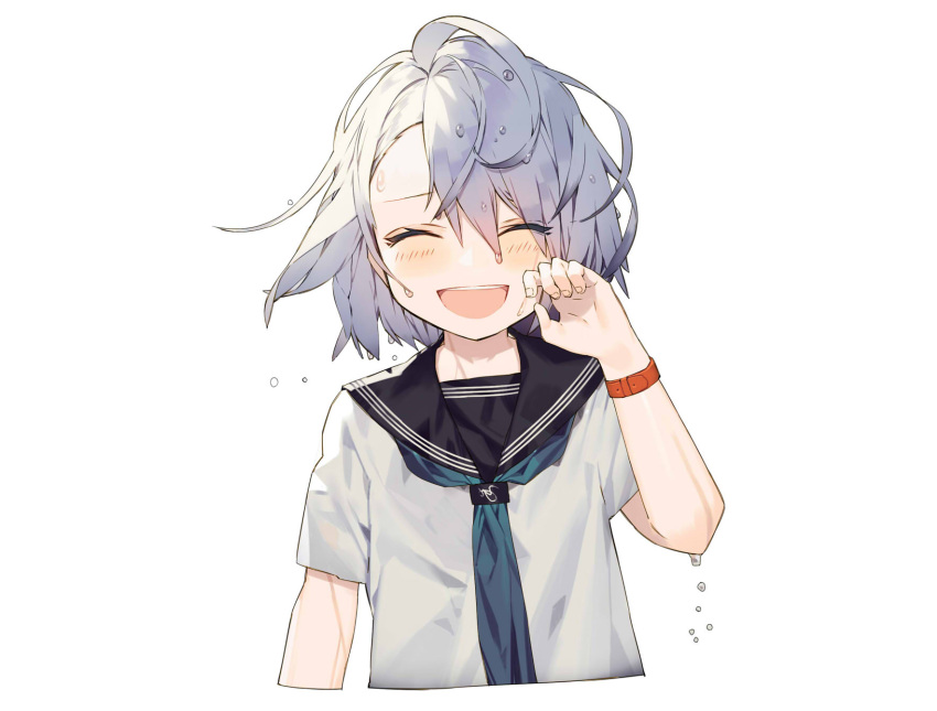 1girl :d ^_^ black_sailor_collar blue_neckwear blush closed_eyes commentary_request cropped_torso facing_viewer fingernails hand_up highres looking_at_viewer misoni_comi open_mouth original sailor_collar school_uniform serafuku shirt short_hair short_sleeves silver_hair simple_background smile solo upper_body wet wet_hair white_background white_shirt