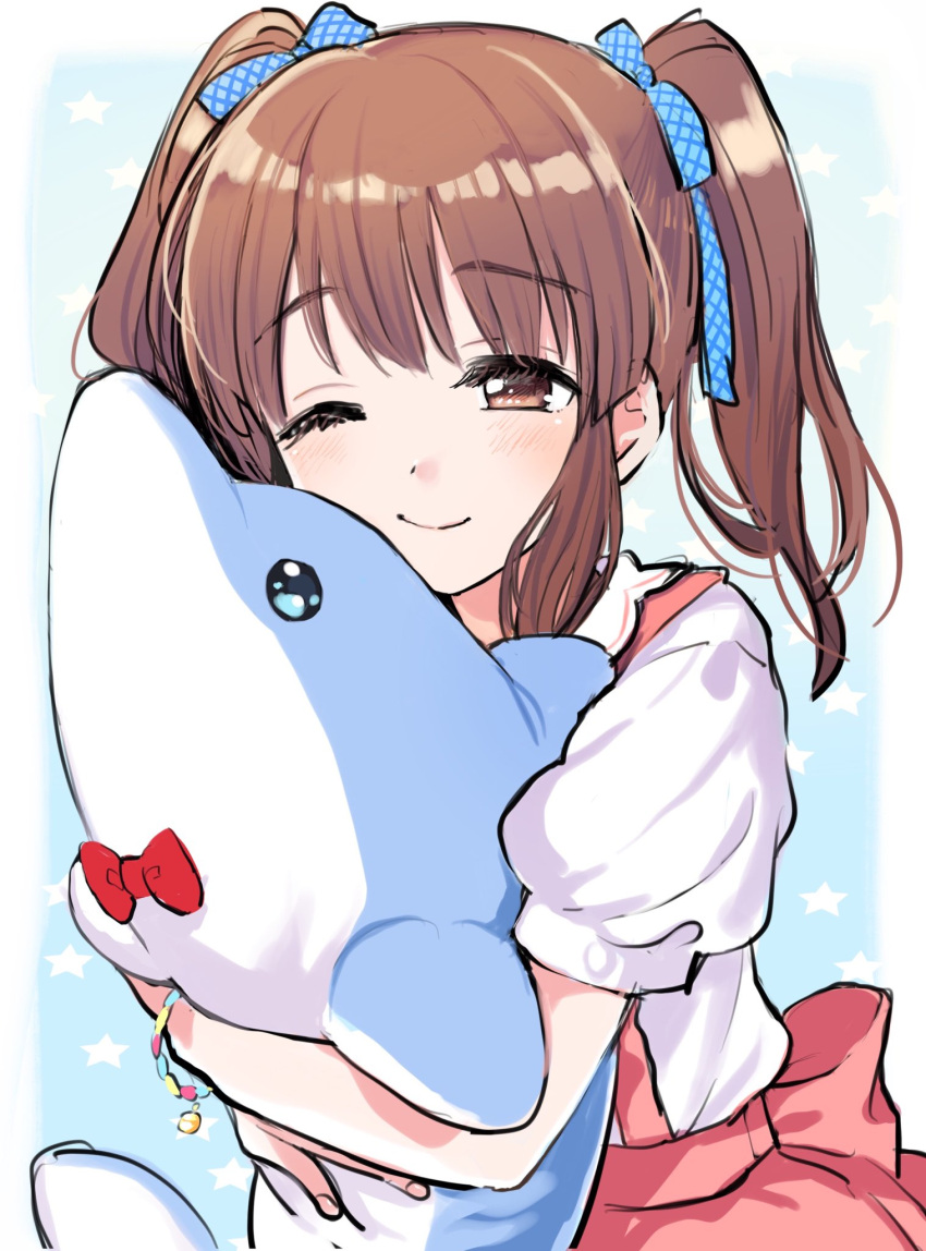 1girl amezawa_koma blush bow bowtie bracelet brown_eyes brown_hair commentary_request eyebrows_visible_through_hair hair_ribbon highres hug idolmaster idolmaster_cinderella_girls inflatable_dolphin inflatable_toy jewelry long_hair object_hug ogata_chieri one_eye_closed puffy_short_sleeves puffy_sleeves red_neckwear ribbon short_sleeves smile solo star starry_background twintails upper_body