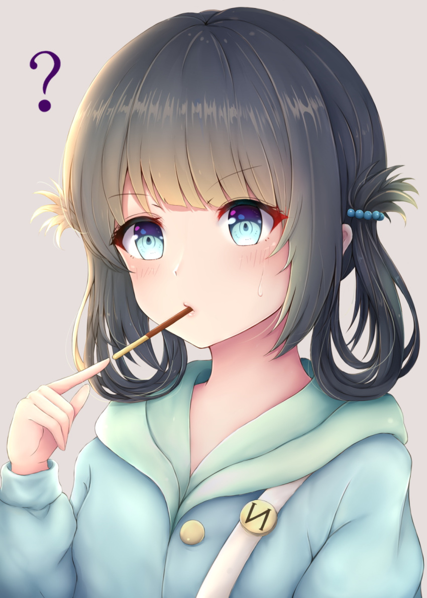 1girl ? bangs black_hair blue_eyes blue_hoodie blush commentary_request endsmall_min eyebrows_visible_through_hair food food_in_mouth grey_background hair_ornament hair_rings hand_up highres hood hood_down hoodie long_hair long_sleeves looking_at_viewer nagi_no_asukara pocky shiodome_miuna simple_background solo sweatdrop