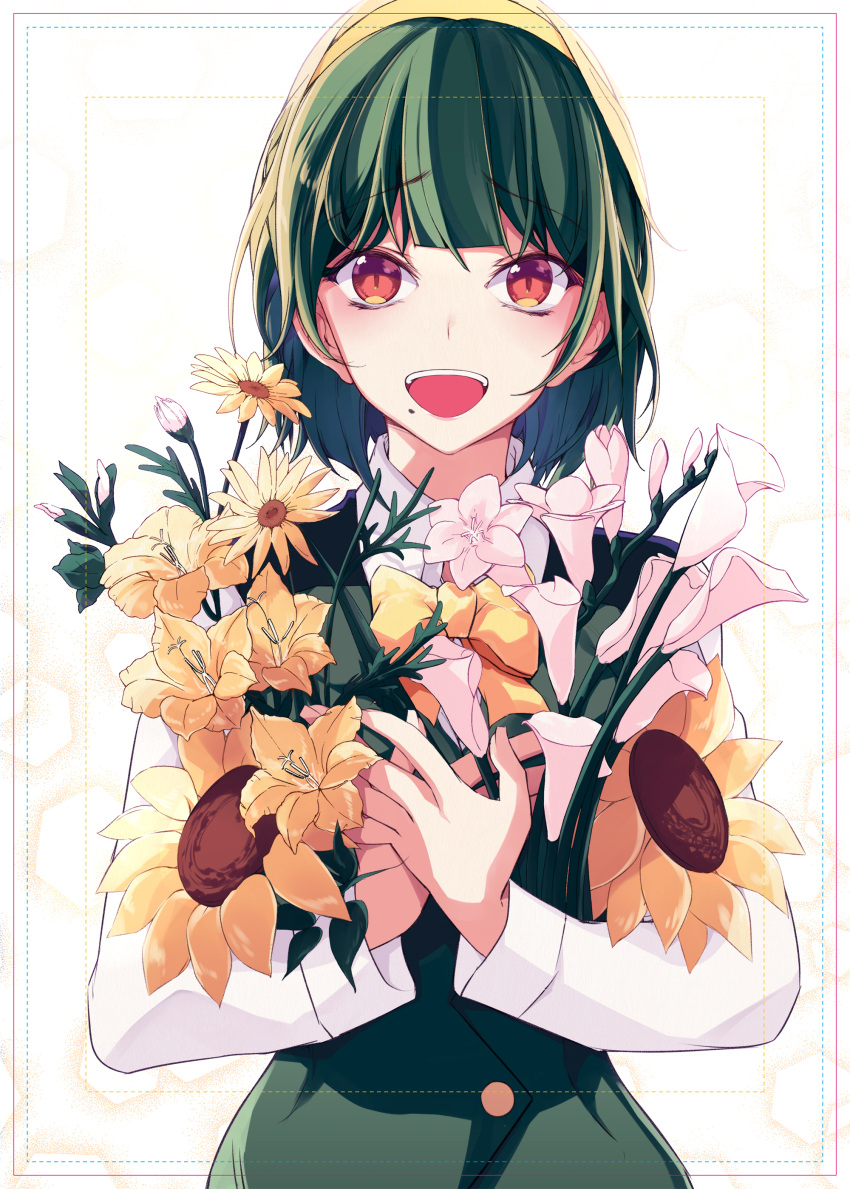 1girl :d absurdres bouquet brown_eyes flower green_hair hairband highres idolmaster looking_at_viewer mole mole_under_mouth open_mouth otonashi_kotori short_hair smile solo sunflower xingjinmeijian yellow_hairband