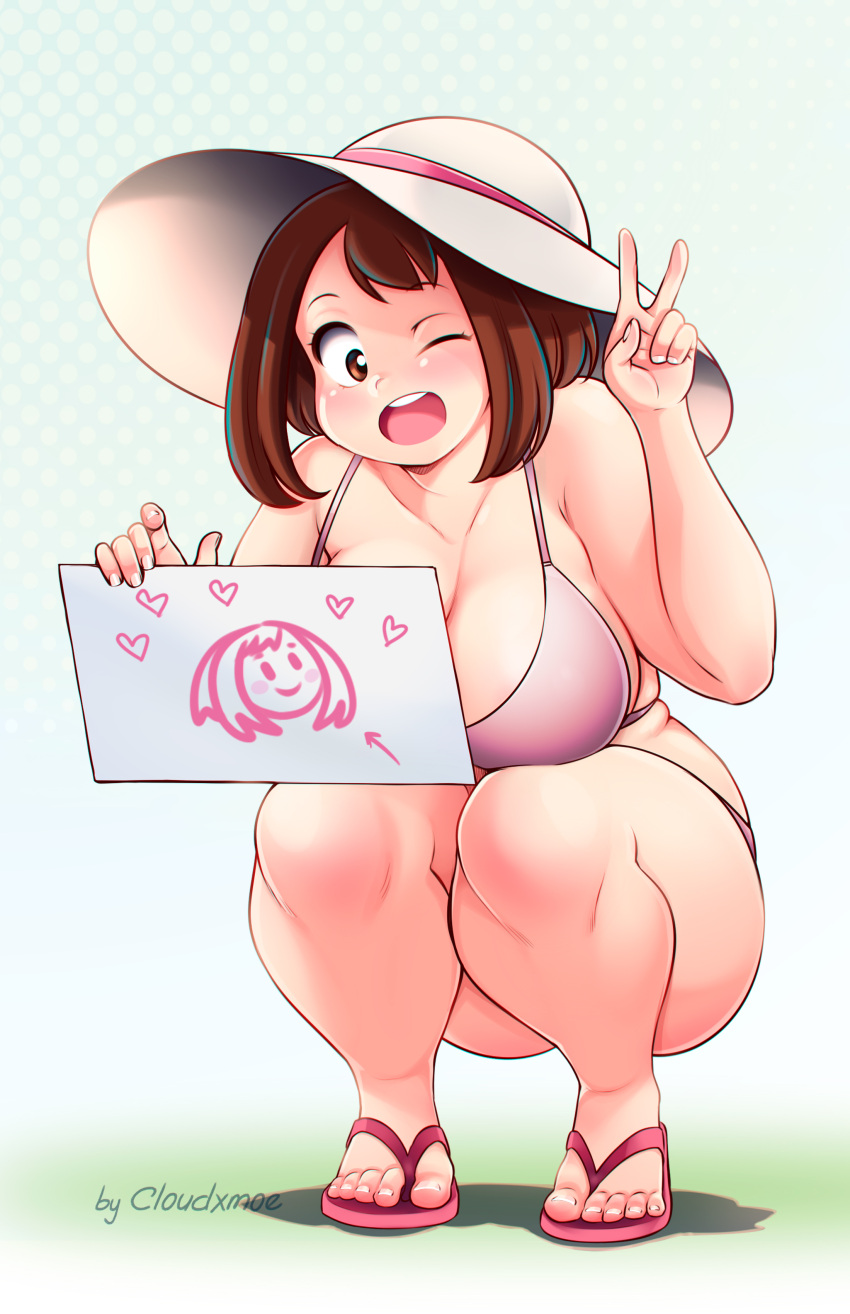 1girl ;d absurdres artist_name bikini blush boku_no_hero_academia breasts brown_eyes brown_hair cloudxmoe drawing feet full_body hat heart highres large_breasts legs looking_at_viewer one_eye_closed open_mouth pink_bikini plump sandals short_hair smile solo squatting swimsuit uraraka_ochako v