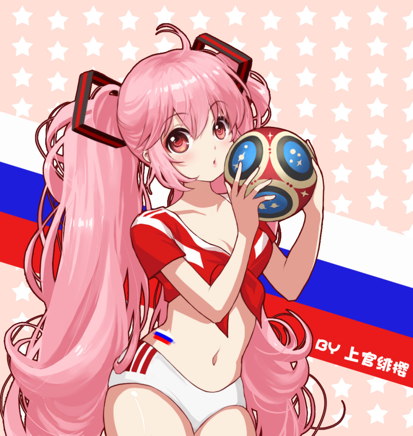 1girl 2018_fifa_world_cup ahoge alternate_costume alternate_eye_color alternate_hair_color ball blush breasts buruma chinese_commentary cleavage collarbone commentary_request cowboy_shot crop_top eyebrows_visible_through_hair front-tie_top hair_between_eyes hands_up hatsune_miku holding holding_ball long_hair looking_at_viewer medium_breasts midriff navel parted_lips pink_background pink_eyes pink_hair pink_lips red_shirt russian_flag sakura_miku shangguan_feiying shirt short_sleeves skindentation soccer soccer_ball solo standing star starry_background stomach tattoo thighs tied_shirt twintails very_long_hair vocaloid world_cup