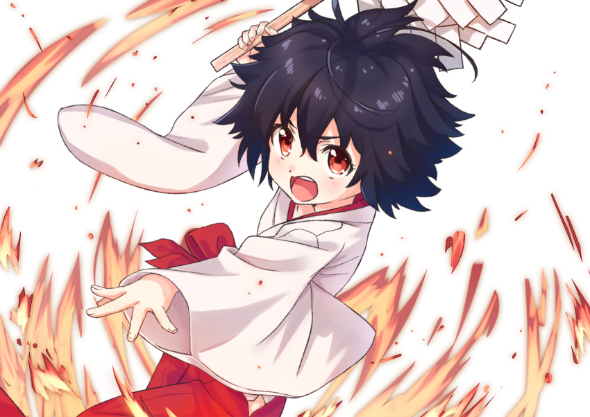 1girl arm_up bangs black_hair blush commentary_request copyright_request eyebrows_visible_through_hair fingernails fire gohei hair_between_eyes hakama holding japanese_clothes long_sleeves miko open_mouth red_eyes red_hakama round_teeth shide short_hair solo teeth tsukiman upper_teeth white_background wide_sleeves