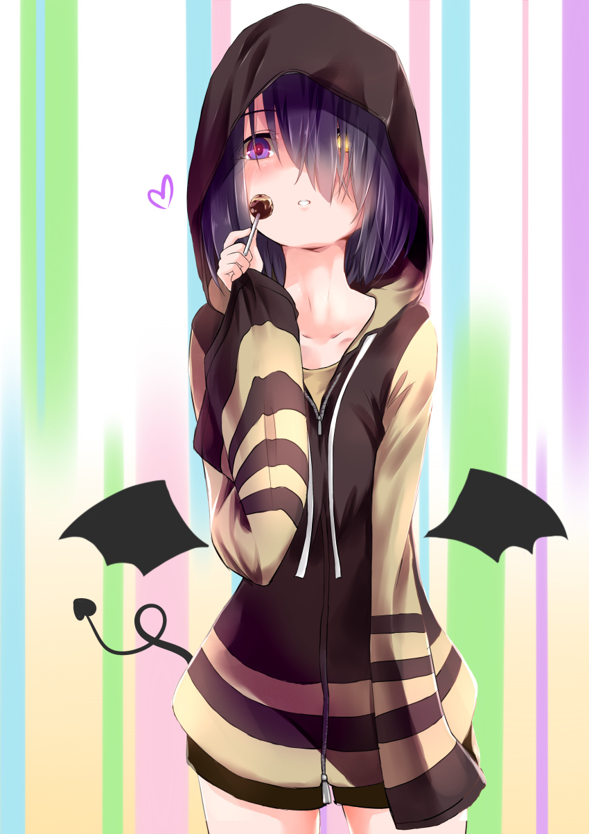 1girl absurdres alternate_costume collarbone commentary commentary_request cowboy_shot demon_tail demon_wings gabriel_dropout glowing glowing_eye hair_over_one_eye heterochromia highres holding_lollipop hood hood_up hooded_jacket jacket kurona_mei open_mouth purple_hair sazanka short_hair solo striped striped_background striped_hoodie tail teeth vertical-striped_background vertical_stripes very_long_sleeves violet_eyes wings yellow_eyes