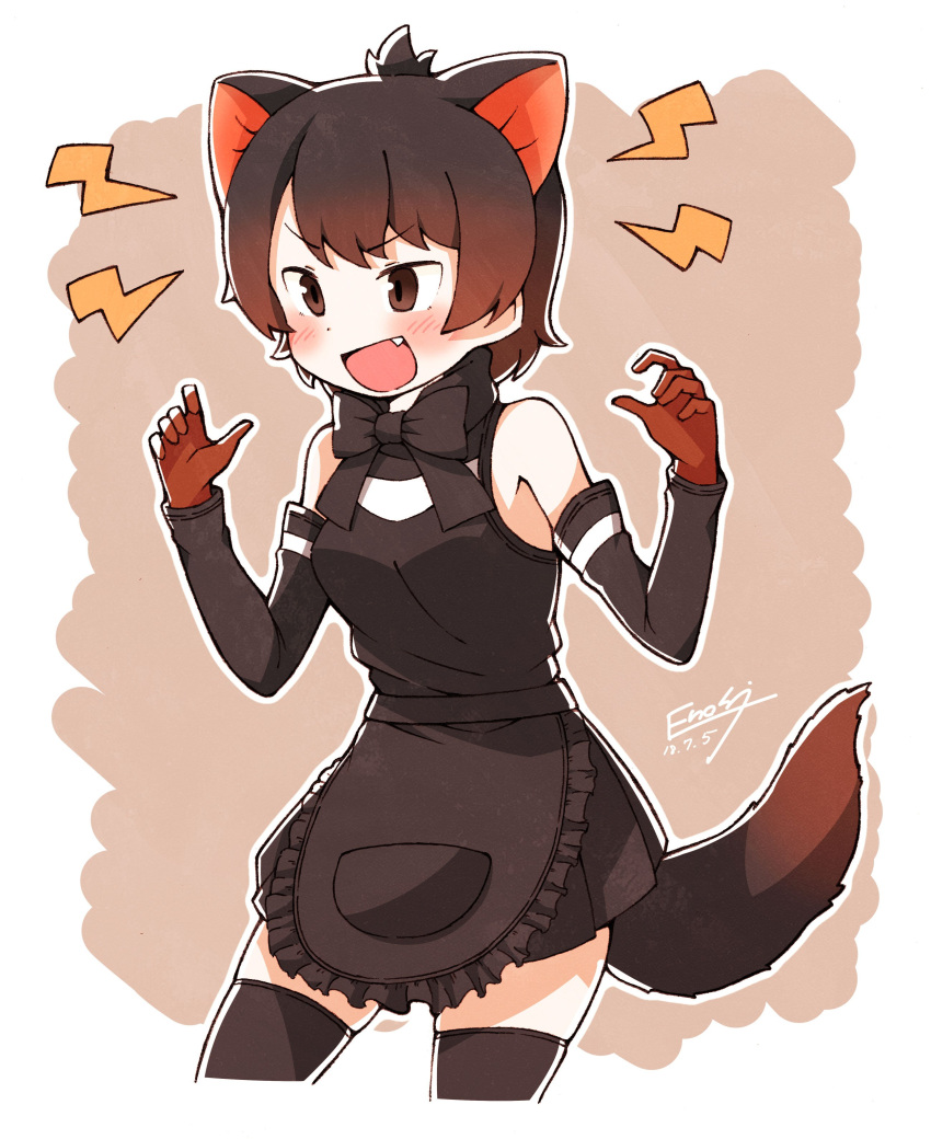 1girl absurdres animal_ears apron bare_shoulders black_hair blush bow bowtie claw_pose cowboy_shot detached_sleeves dress enk_0822 eyebrows_visible_through_hair fang gloves highres kemono_friends short_hair sleeveless sleeveless_dress solo tasmanian_devil_(kemono_friends) tasmanian_devil_ears tasmanian_devil_tail thigh-highs