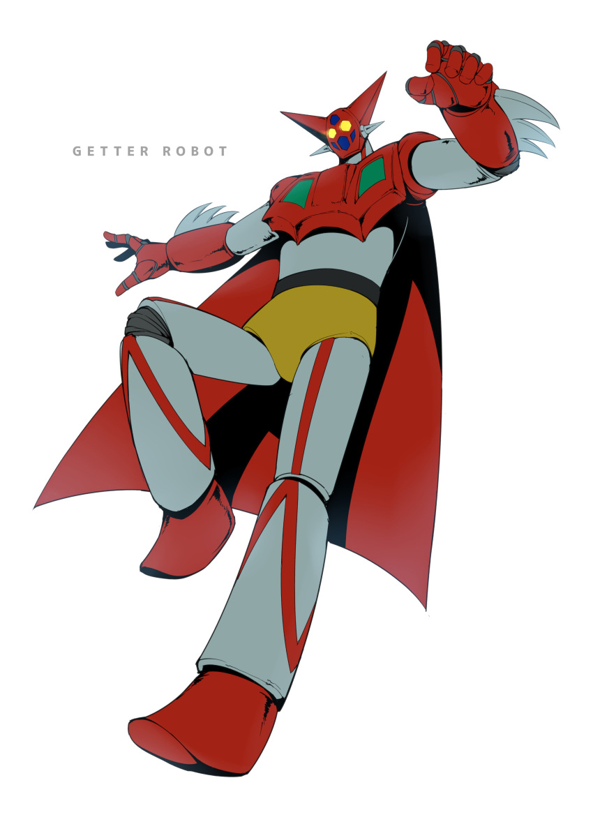 absurdres arm_blade cape character_name copyright_name flying getter-1 getter_robo glowing glowing_eyes harukon_(halcon) highres mecha no_humans super_robot weapon white_background