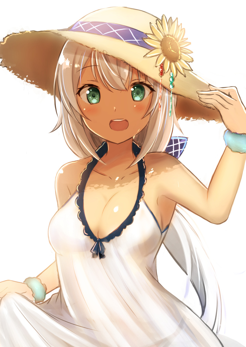 1girl :d absurdres arm_up bangs bare_shoulders blush breasts cleavage collarbone commentary_request dress eyebrows_visible_through_hair flower green_eyes hair_between_eyes hand_on_headwear hat hat_flower highres long_hair medium_breasts open_mouth original round_teeth shibakame silver_hair simple_background skirt_hold sleeveless sleeveless_dress smile solo straw_hat sunflower teeth upper_teeth very_long_hair white_background white_dress yellow_flower