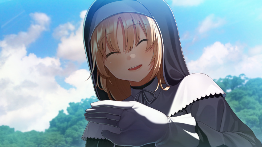 1girl :d ^_^ bangs black_dress blonde_hair blue_sky blurry blurry_background blush closed_eyes clouds cloudy_sky commentary_request dacchi day depth_of_field dress eyebrows_visible_through_hair facing_viewer gloves habit hair_between_eyes hand_up highres long_hair long_sleeves nijisanji nun open_mouth outdoors round_teeth sister_cleaire sky smile solo teeth tree upper_teeth virtual_youtuber white_gloves