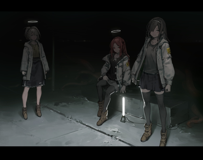 3girls absurdres ankle_boots black_legwear black_shirt black_skirt blonde_hair boots brown_footwear brown_hair coat expressionless full_body grey_coat grey_shirt grey_skirt hair_over_one_eye hair_ribbon hairband halo head_tilt heibaise_jiangshi highres jewelry lamp letterboxed long_hair looking_at_viewer multiple_girls necklace night open_clothes open_coat original outdoors pantyhose pink_eyes ponytail red_eyes redhead ribbon shirt short_hair sidewalk sitting skirt smile standing tentacle thigh-highs yellow_eyes yellow_shirt zettai_ryouiki