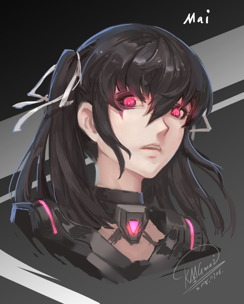 1girl absurdres artist_name black_hair dated glowing glowing_eyes highres long_hair looking_at_viewer original parted_lips pink_hair shou_mai teeth twintails