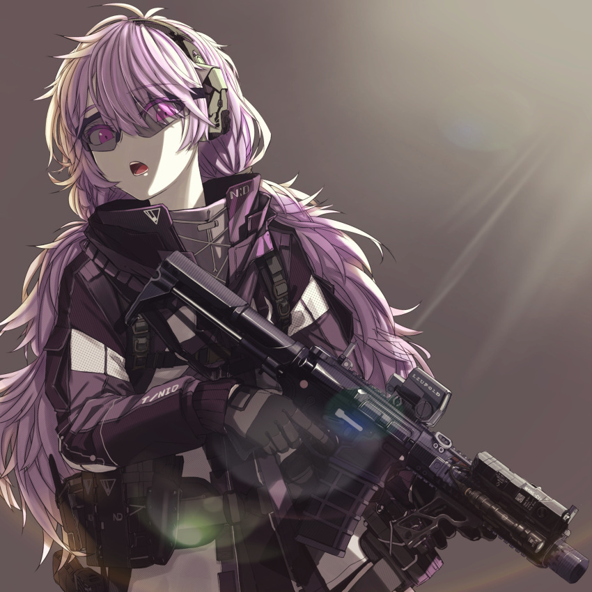 1girl absurdres ar-15 assault_rifle bangs belt gloves gun headset highres holding holding_gun holding_weapon jacket long_sleeves magazine_(weapon) nurim original purple_hair rifle shooting_glasses simple_background strap violet_eyes weapon