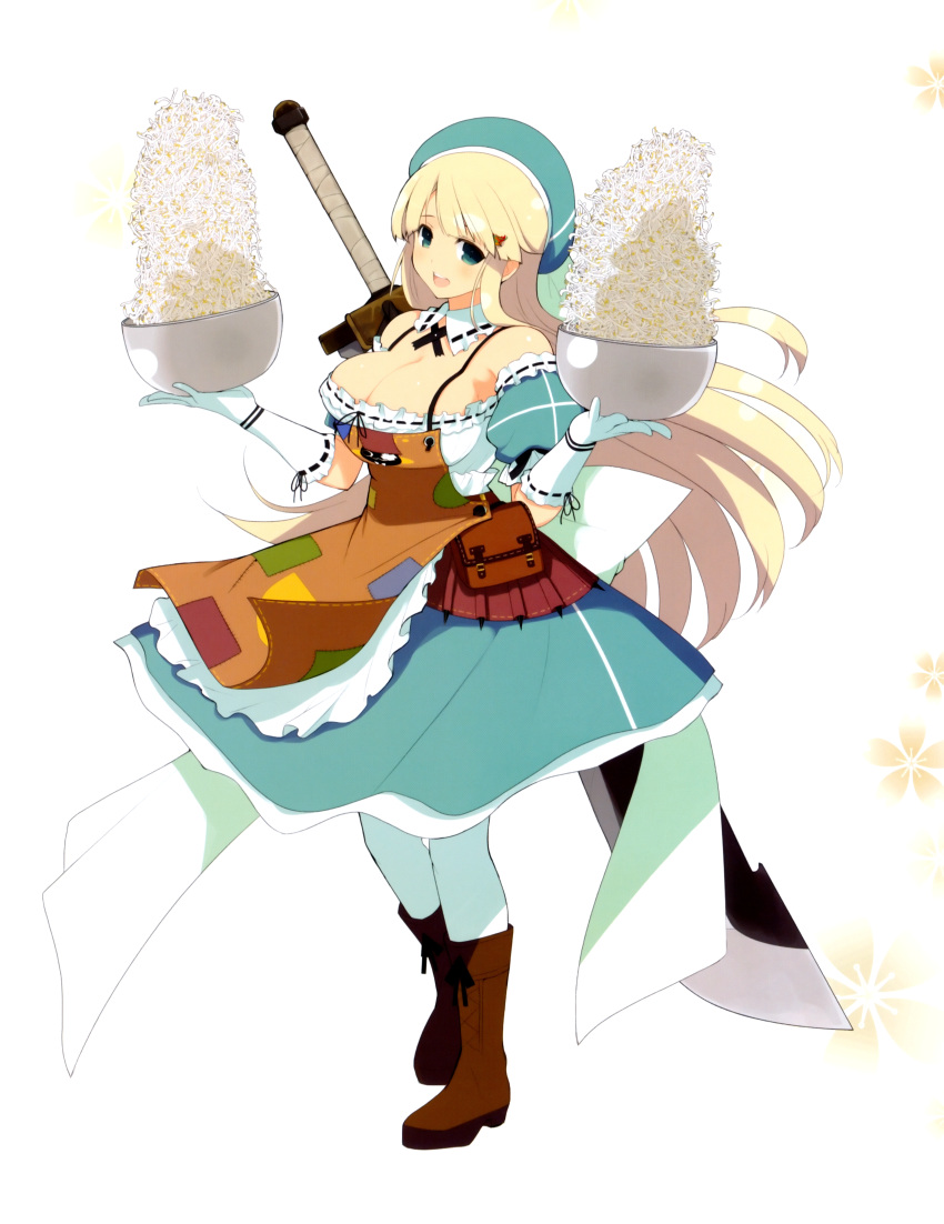 1girl absurdres apron aqua_eyes bangs bean_sprout beret blonde_hair blush bow bowl bowtie breasts brown_footwear collar dress flat_bangs floral_background frilled_collar frilled_dress frilled_gloves frills full_body gloves green_dress hair_ornament hairpin hat highres holding holding_bowl huge_weapon large_breasts long_hair looking_at_viewer official_art puffy_sleeves ribbon-trimmed_gloves ribbon_trim scan senran_kagura senran_kagura_shoujo-tachi_no_shin'ei sideboob simple_background smile solo strapless strapless_dress sword thigh-highs weapon weapon_on_back white_gloves white_legwear yaegashi_nan yomi_(senran_kagura)