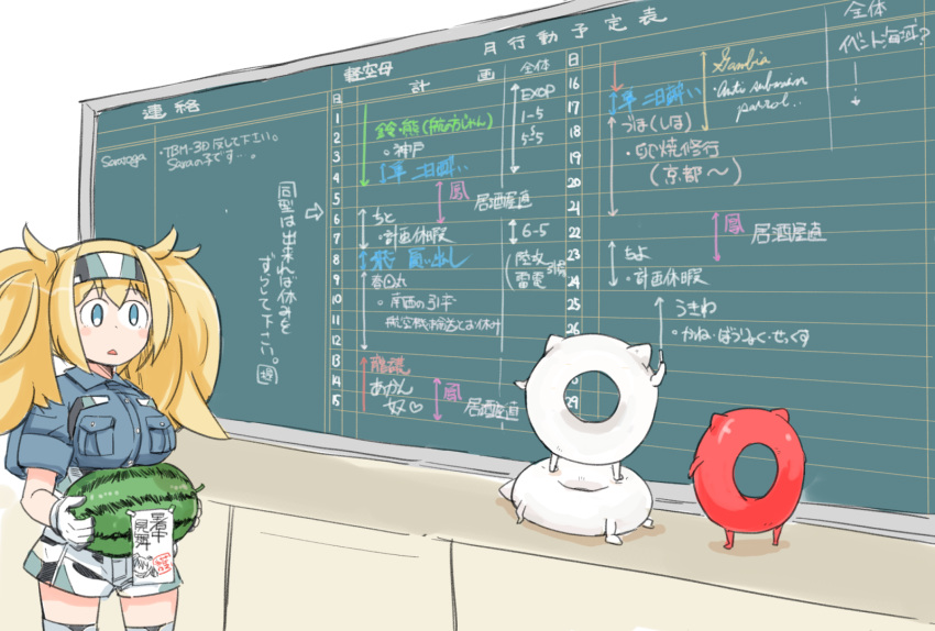 1girl blonde_hair blue_eyes blue_shirt breast_pocket breasts chalkboard collared_shirt commentary_request cowboy_shot enemy_lifebuoy_(kantai_collection) enjaku_izuku food fruit gambier_bay_(kantai_collection) gloves hair_between_eyes hairband highres kantai_collection large_breasts multicolored multicolored_clothes multicolored_gloves pocket shirt short_sleeves shorts thigh-highs translation_request twintails watermelon white_gloves white_legwear