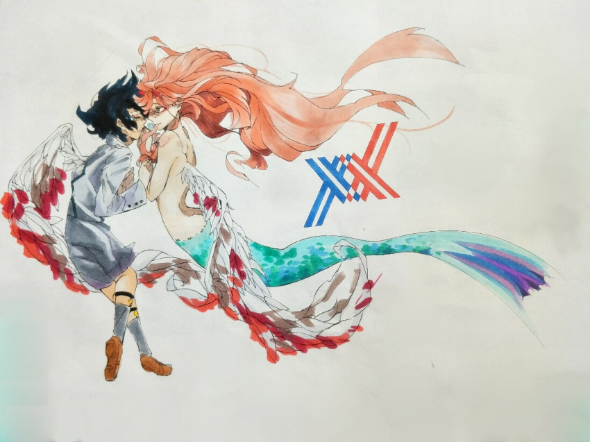 1boy 1girl bangs bare_shoulders black_hair blood bloody_wings bubble closed_eyes collarbone commentary_request couple darling_in_the_franxx face-to-face facing_another fish_tail floating_hair forehead-to-forehead green_eyes hand_on_another's_head hetero hiro_(darling_in_the_franxx) horns long_hair looking_at_another mermaid monster_girl oni_horns pink_hair red_horns shirtless short_hair skyfish76 submerged tail white_wings wings zero_two_(darling_in_the_franxx)