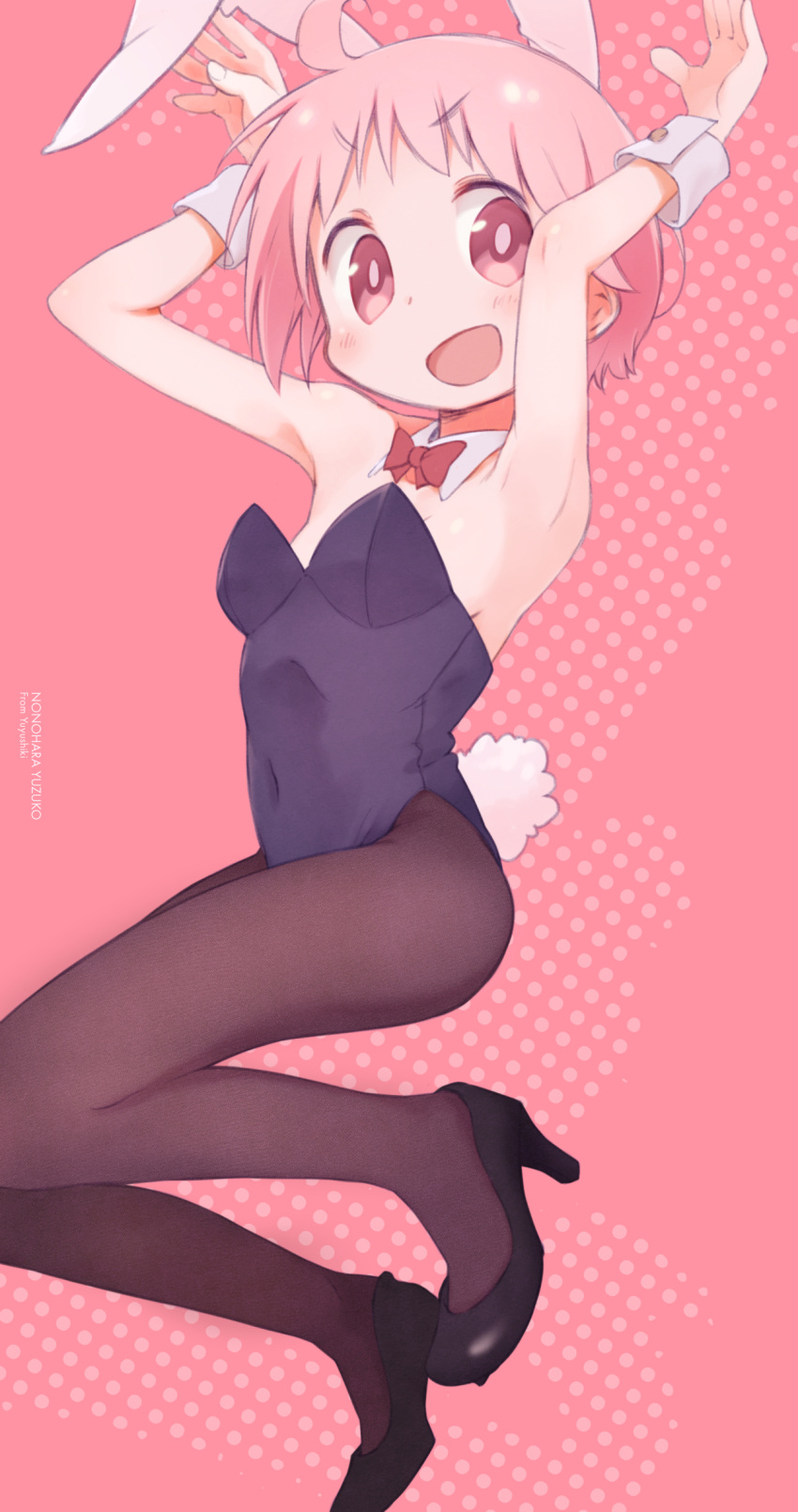 1girl :d animal_ears bare_shoulders black_legwear black_leotard blush bow bowtie breasts bunny_tail bunnysuit character_name detached_collar eyebrows_visible_through_hair fake_animal_ears fake_tail full_body high_heels highres leotard looking_at_viewer nonohara_yuzuko okayparium open_mouth pantyhose pink_hair rabbit_ears shoes short_hair small_breasts smile solo standing strapless strapless_leotard tail v-shaped_eyebrows wrist_cuffs yuyushiki