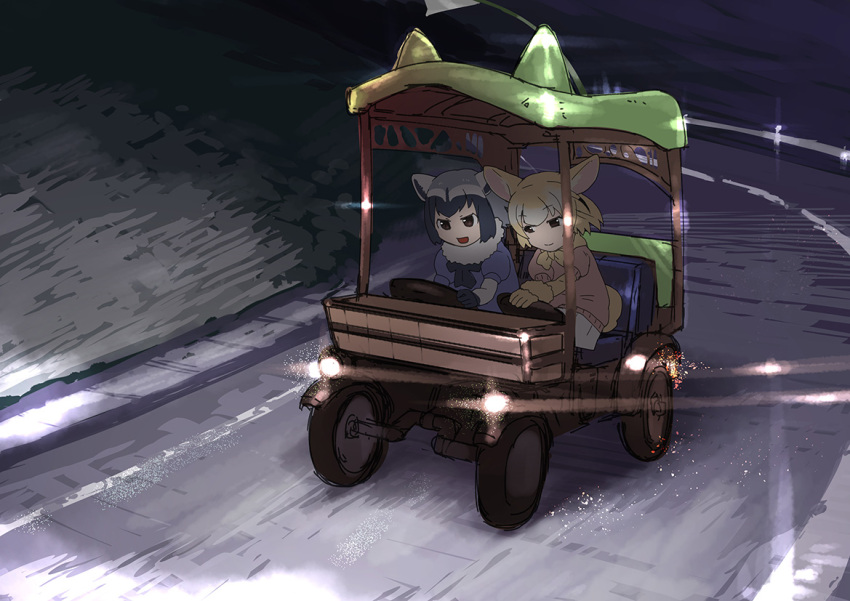 2girls animal_ears black_neckwear blonde_hair blue_shirt bow bowtie car closed_mouth commentary common_raccoon_(kemono_friends) driving dust_particles fennec_(kemono_friends) fox_ears fur_collar grey_hair ground_vehicle jack_hamster kemono_friends light motor_vehicle multicolored_hair multiple_girls night open_mouth pink_shirt puffy_short_sleeves puffy_sleeves raccoon_ears road shirt short_sleeves skirt smile two-tone_hair white_skirt yellow_neckwear