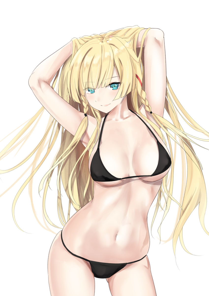 1girl alternate_costume arms_behind_head azur_lane bangs bare_shoulders bikini bikini_day black_bikini blonde_hair blue_eyes braid breasts contrapposto eyebrows_visible_through_hair groin highres kongou_(azur_lane) large_breasts lips long_hair looking_at_viewer midriff navel pose schreibe_shura sidelocks smile solo swimsuit thighs twin_braids under_boob