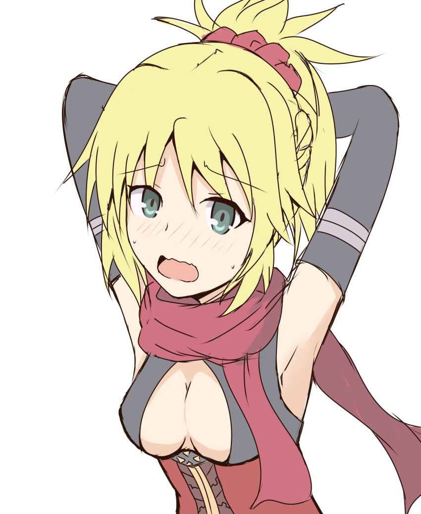 1girl arms_behind_head arms_up bangs black_gloves blonde_hair blush braid breasts cleavage commentary_request cosplay dress elbow_gloves eyebrows_visible_through_hair fate/apocrypha fate/grand_order fate_(series) gloves green_eyes hair_between_eyes hair_ornament hair_scrunchie highres koha-ace medium_breasts mitchi mordred_(fate) mordred_(fate)_(all) nose_blush okita_souji_(alter)_(fate) okita_souji_(alter)_(fate)_(cosplay) okita_souji_(fate)_(all) open_mouth ponytail red_dress red_scarf red_scrunchie scarf scrunchie simple_background solo sweat wavy_mouth white_background