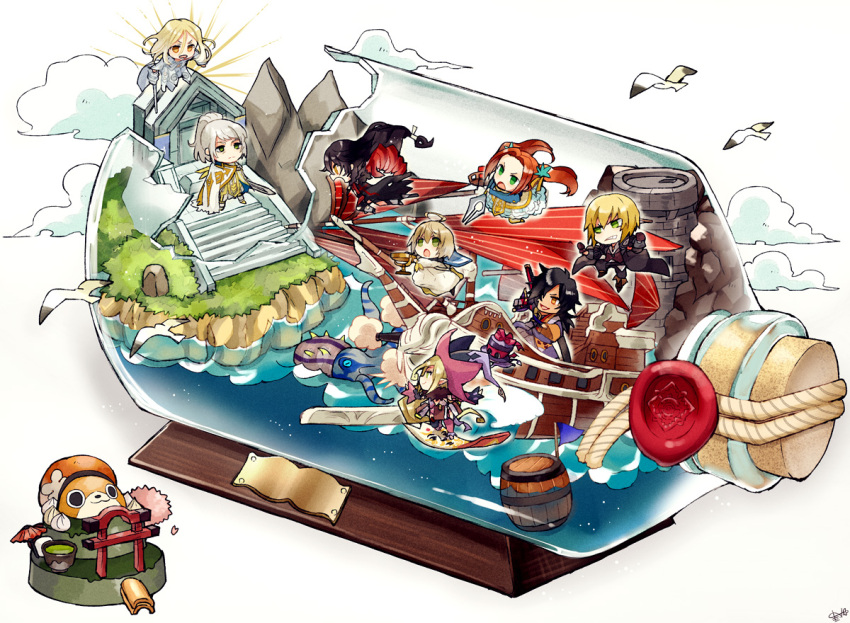 3girls 5boys ahoge artorius_collbrande barrel bienfu_(tales) bird black_coat black_hair blonde_hair boat cape chibi clouds cork eizen_(tales) eleanor_hume green_eyes hat houhou_(black_lack) innominat_(tales) laphicet_(tales) long_hair low-tied_long_hair magilou_(tales) multiple_boys multiple_girls normin_(tales) octopus orange_hair paper_airplane pointy_ears ponytail rokurou_rangetsu seagull ship_in_a_bottle simple_background spoilers stairs tales_of_(series) tales_of_berseria twintails velvet_crowe watercraft white_background white_hair