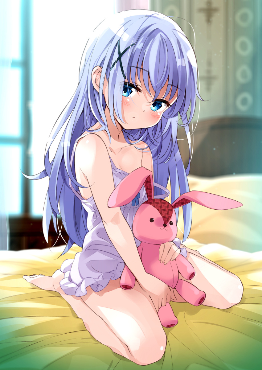 1girl absurdres bangs barefoot bed blue_eyes blue_hair blurry blurry_background blush closed_mouth collarbone commentary_request day depth_of_field dress eyebrows_visible_through_hair fingernails gochuumon_wa_usagi_desu_ka? hair_between_eyes hair_ornament head_tilt highres indoors kafuu_chino mousou_(mousou_temporary) on_bed pillow seiza sidelocks sitting sleeveless sleeveless_dress soles solo stuffed_animal stuffed_bunny stuffed_toy sunlight white_dress window x_hair_ornament