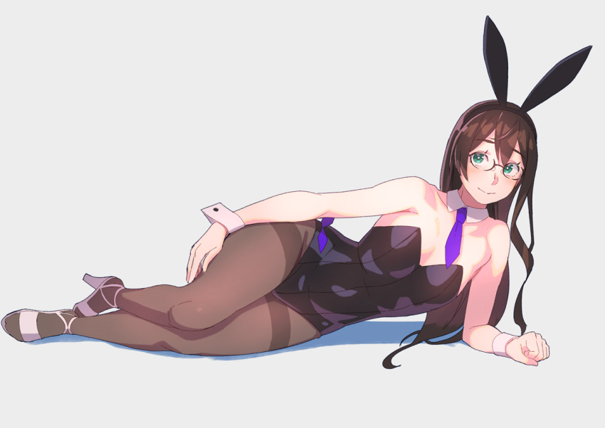 1girl animal_ears black_hair black_legwear black_leotard blue_neckwear breasts bunny_tail bunnysuit detached_collar full_body green_eyes grey_background kantai_collection leotard long_hair lying necktie on_side ooyodo_(kantai_collection) open_toe_shoes pantyhose rabbit_ears simple_background small_breasts solo strapless strapless_leotard tail thighband_pantyhose wrist_cuffs yuuji_(and)