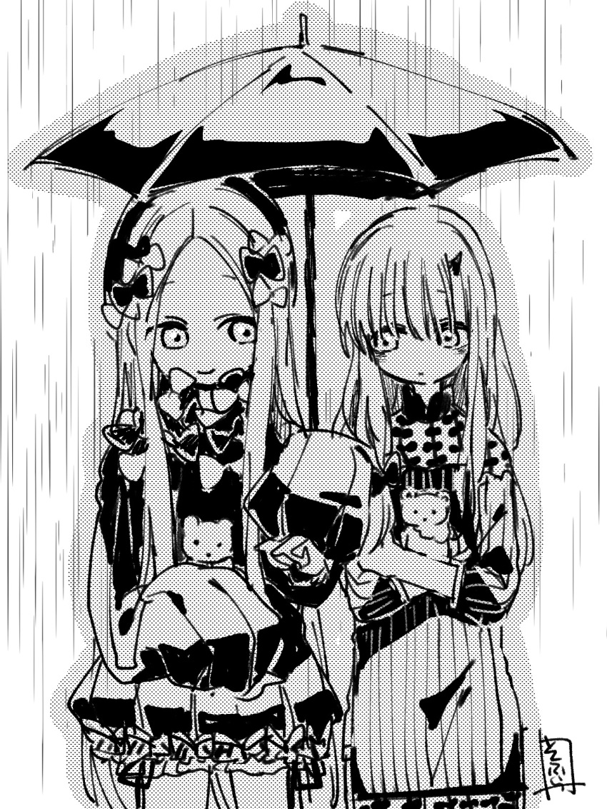 2girls abigail_williams_(fate/grand_order) bangs bloomers bug butterfly closed_mouth dress eyebrows_visible_through_hair fate/grand_order fate_(series) forehead greyscale hair_between_eyes hat highres holding holding_umbrella horn insect lavinia_whateley_(fate/grand_order) long_hair long_sleeves monochrome multiple_girls object_hug parted_bangs screentones shared_umbrella sleeves_past_fingers sleeves_past_wrists smile sofra stuffed_animal stuffed_toy teddy_bear umbrella underwear very_long_hair