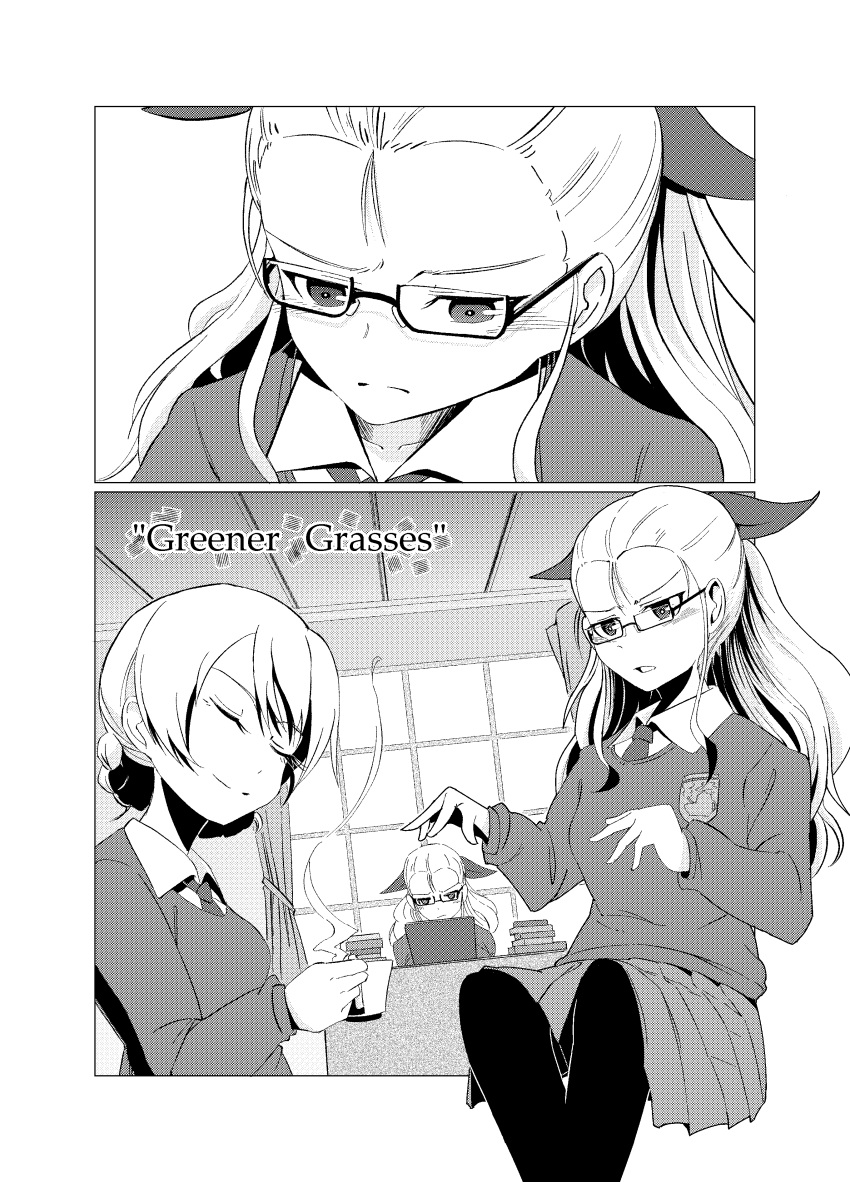 2girls absurdres assam bespectacled comic computer cup darjeeling girls_und_panzer glasses highres laptop moku_x_moku monochrome multiple_girls necktie saucer semi-rimless_eyewear st._gloriana's_school_uniform sweater teacup tied_hair translation_request under-rim_eyewear v-neck