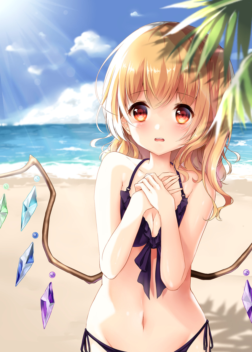 1girl alternate_costume bangs beach bikini black_bikini blonde_hair blue_sky breasts cleavage clouds collarbone commentary_request crystal day eyebrows_visible_through_hair flandre_scarlet front-tie_bikini front-tie_top hair_between_eyes hands_on_own_chest hands_together highres horizon leaning_over looking_at_viewer lowleg lowleg_bikini mumu-crown navel ocean open_mouth outdoors parted_lips red_eyes shadow side-tie_bikini side_ponytail sky small_breasts solo swimsuit touhou tree_branch upper_body wings