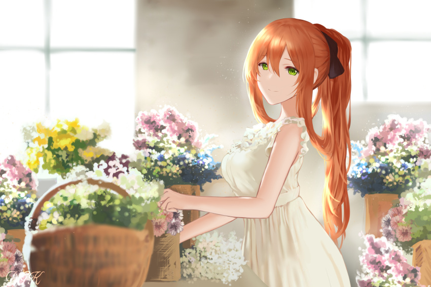 1girl alternate_costume bangs basket blush breasts brown_hair commentary day dress eyebrows_visible_through_hair flower frilled_dress frills girls_frontline green_eyes hair_between_eyes hair_ribbon hair_rings higandgk highres indoors large_breasts light_particles long_hair looking_at_viewer m1903_springfield_(girls_frontline) plant ponytail revision ribbon sidelocks smile solo white_dress wind
