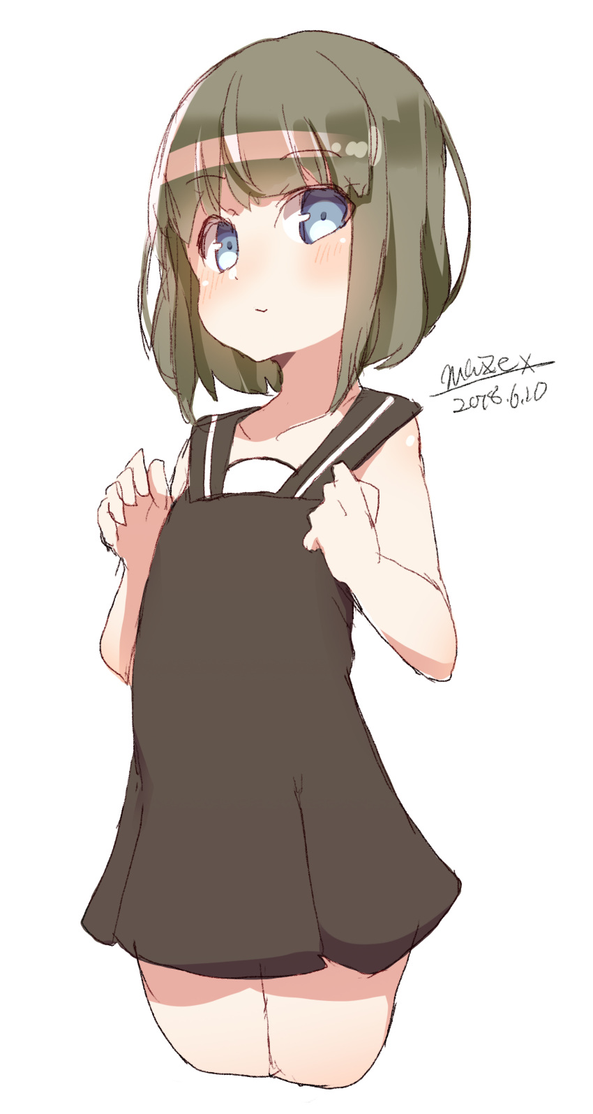 1girl absurdres bangs bare_arms bare_shoulders black_dress blue_eyes blush closed_mouth cropped_legs dated dress eyebrows_visible_through_hair green_hair hands_up highres looking_at_viewer maze_(gochama_ze_gohan) original short_hair signature simple_background sketch sleeveless sleeveless_dress solo white_background