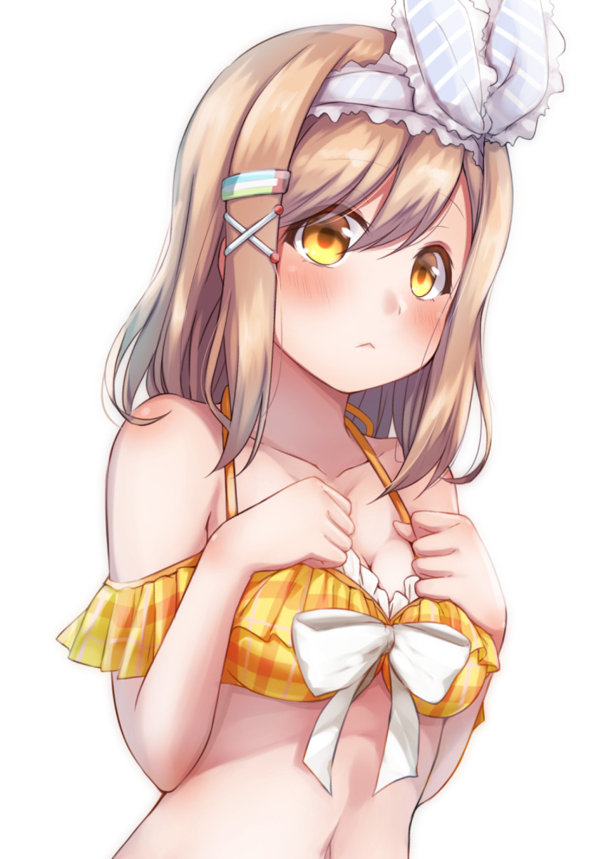 1girl :&lt; bangs bikini blush breasts brown_hair clenched_hands collarbone frilled_bikini frills front-tie_bikini front-tie_top hair_ornament hair_ribbon hairband hairclip halterneck hands_on_own_chest hands_up highres hitotsuki_no_yagi kunikida_hanamaru love_live! love_live!_sunshine!! medium_breasts medium_hair navel plaid plaid_bikini ribbon simple_background solo striped striped_ribbon swimsuit upper_body white_background x_hair_ornament yellow_bikini yellow_eyes