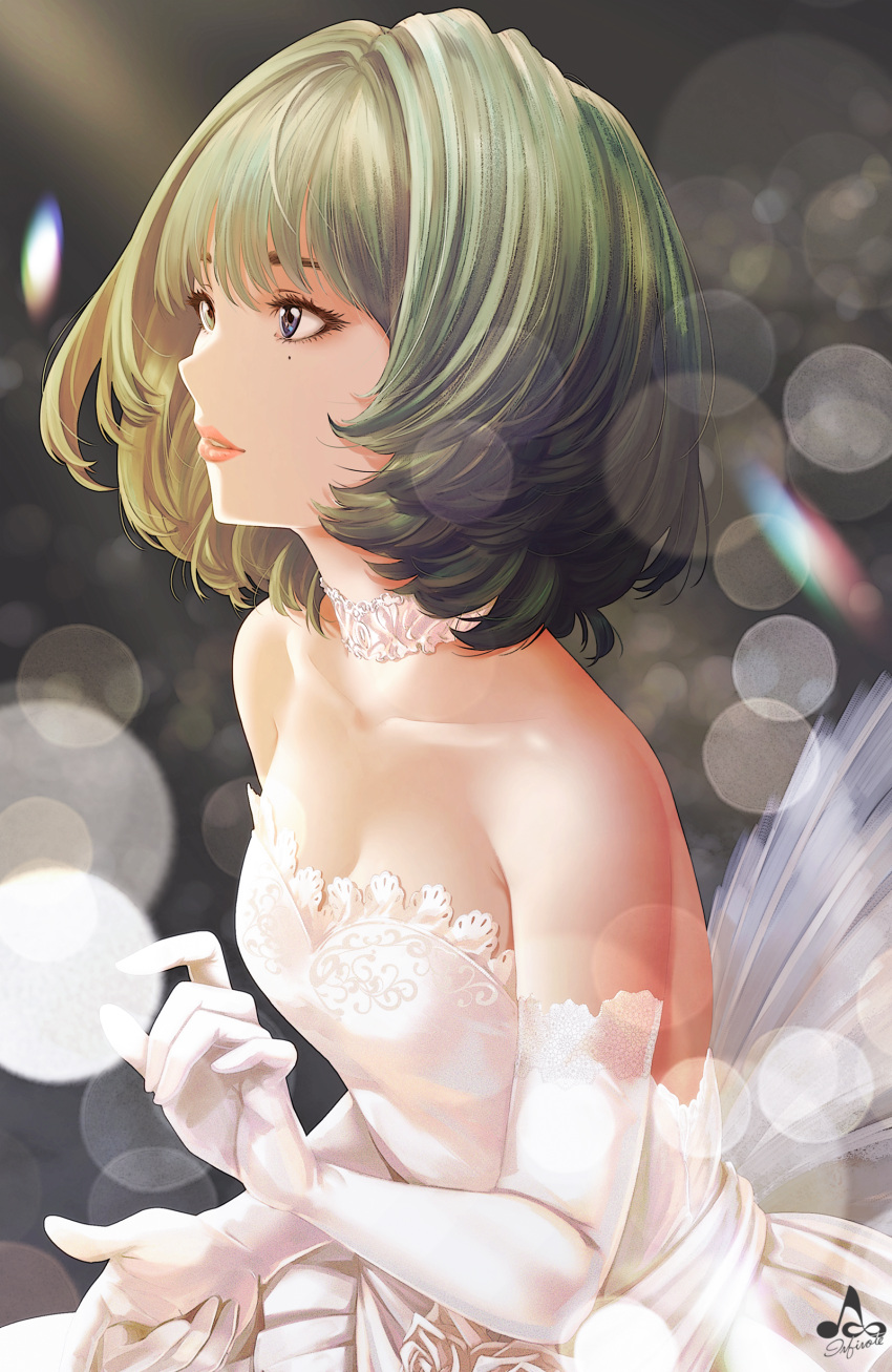 1girl absurdres arm_up backless_dress backless_outfit bangs bare_shoulders blue_eyes blurry breasts choker cleavage collarbone depth_of_field dress elbow_gloves eyelashes from_side gloves gradient_hair green_eyes green_hair heterochromia highres idolmaster idolmaster_cinderella_girls infinote lace lace_choker lens_flare lips looking_away medium_breasts mole mole_under_eye multicolored_hair parted_lips short_hair signature sitting solo strapless strapless_dress swept_bangs takagaki_kaede thick_eyebrows wedding_dress white_dress white_gloves