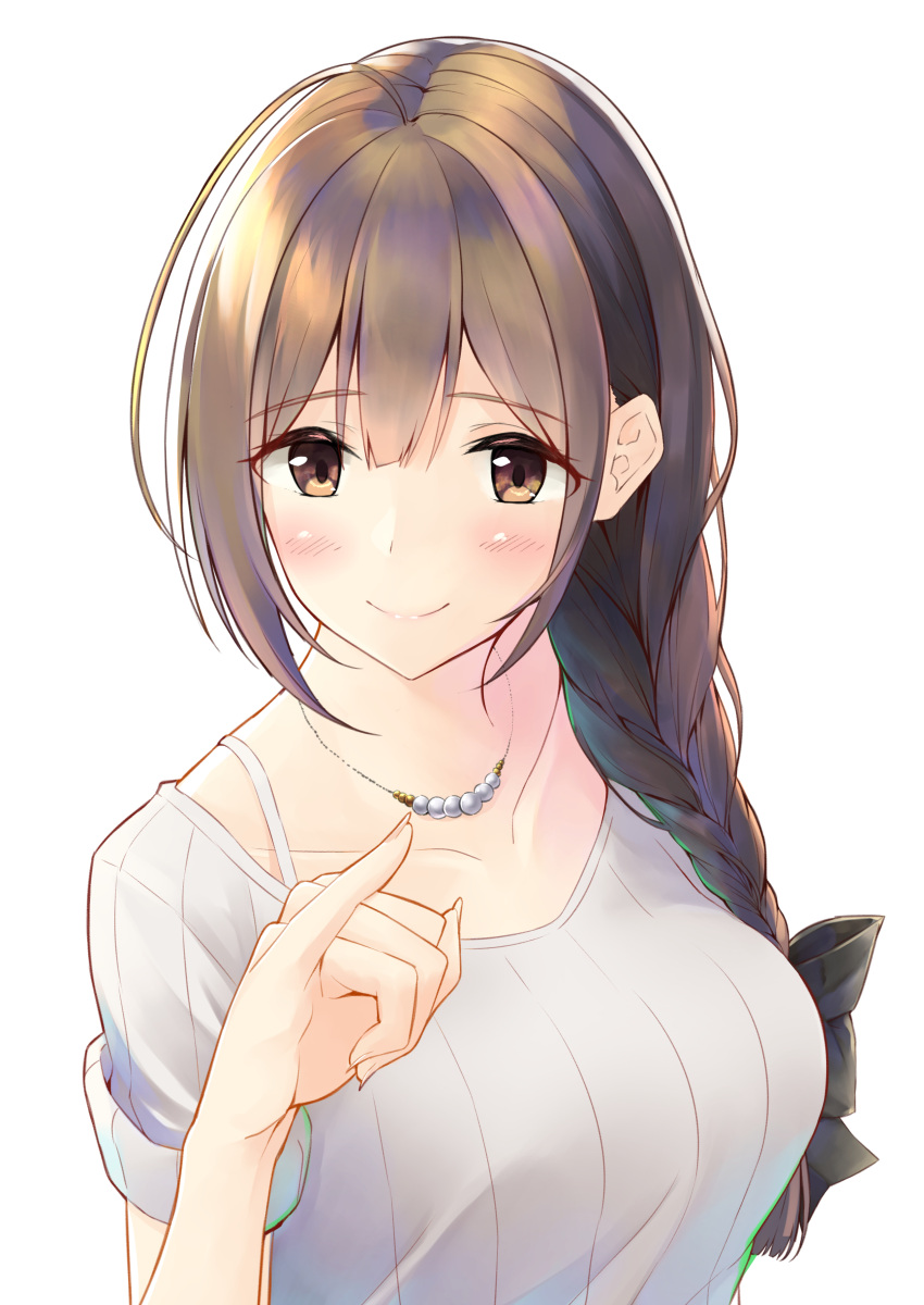 1girl absurdres blush bra_strap braid breasts brown_eyes brown_hair collarbone hair_over_shoulder hair_ribbon highres idolmaster idolmaster_shiny_colors jewelry kuwayama_chiyuki large_breasts long_hair looking_at_viewer megurumiru necklace pinky_out ribbed_shirt ribbon shirt single_braid smile solo