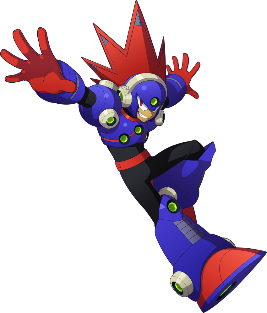 1boy android artist_request blast_man capcom full_body gloves grin helmet highres jumping leg_up official_art outstretched_arms red_eyes red_gloves redhead robot rockman rockman_(classic) rockman_11 smile solo spiky_hair spread_arms teeth transparent_background