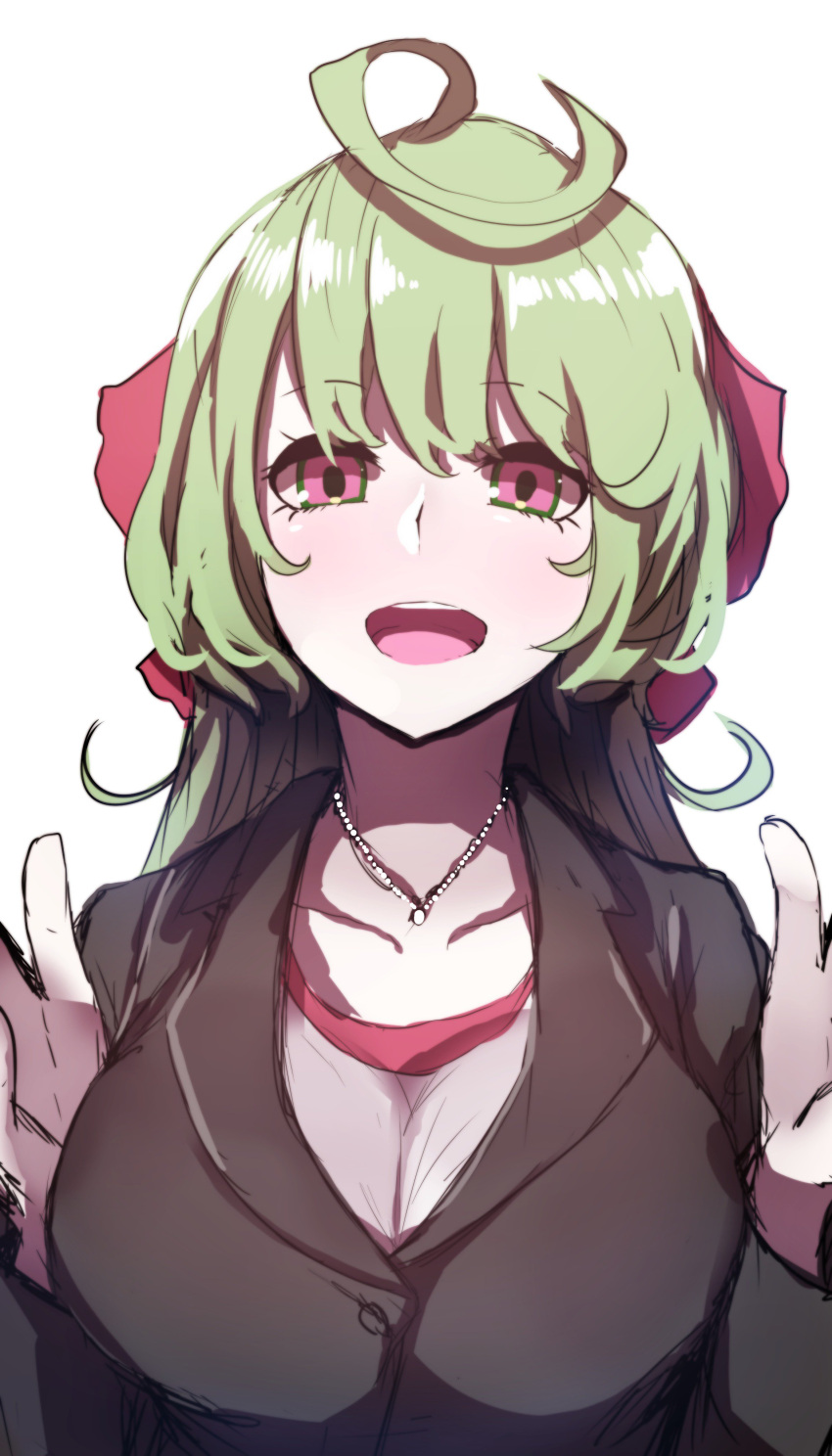 1girl :d absurdres ahoge bangs black_jacket blush breasts collarbone commentary_request eyebrows_visible_through_hair green_hair hair_between_eyes hair_ribbon hands_up highres jacket jewelry large_breasts long_hair long_sleeves looking_at_viewer necklace open_mouth original pink_eyes red_ribbon ribbon shirt simple_background smile solo wada_kazu white_background white_shirt